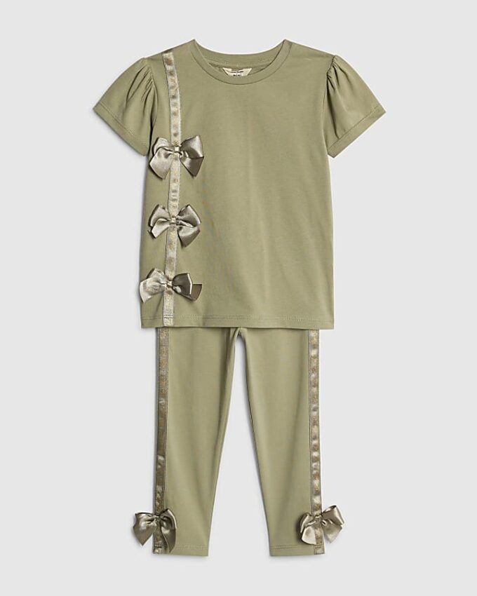 Mini Girls Khaki Satin Bow T-Shirt Set