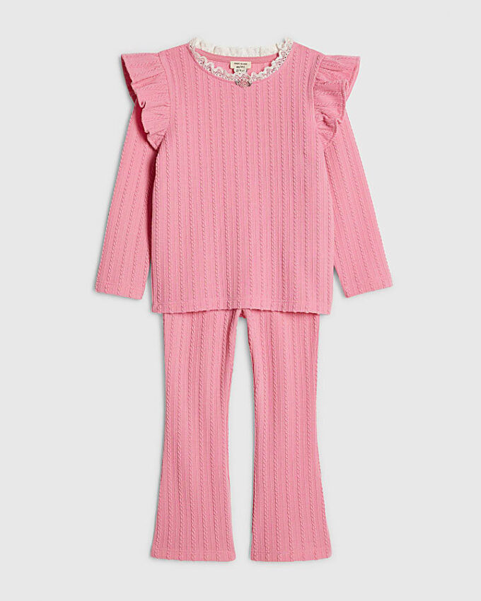 Mini Girls Pink Cable Knitted T-Shirt Set
