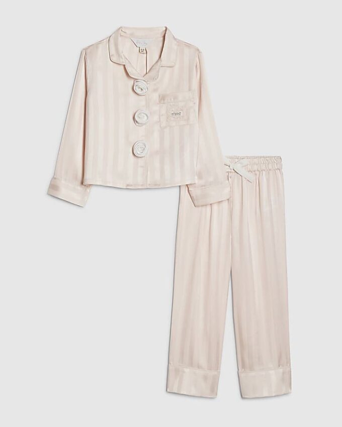 Mini Girls Pink Corsage Satin Pyjamas Set