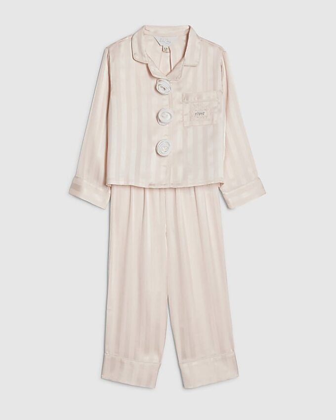 Mini Girls Pink Corsage Satin Pyjamas Set