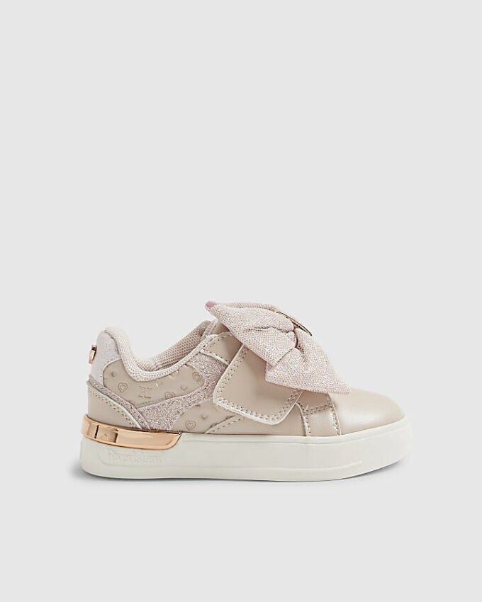 Mini Girls Pink Monogram Velcro Bow Trainers