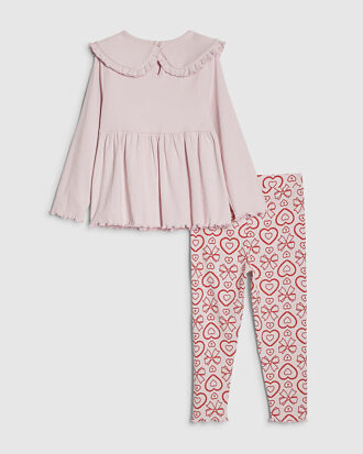 Mini Girls Pink Rib Collar Peplum Top Set