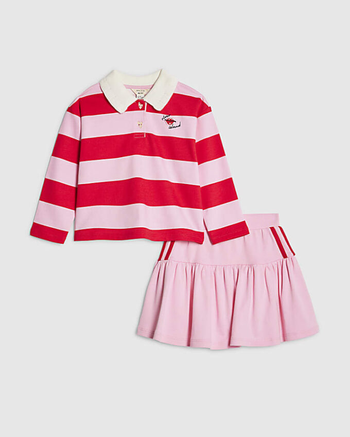 Mini Girls Pink Stripe Polo Shirt Set