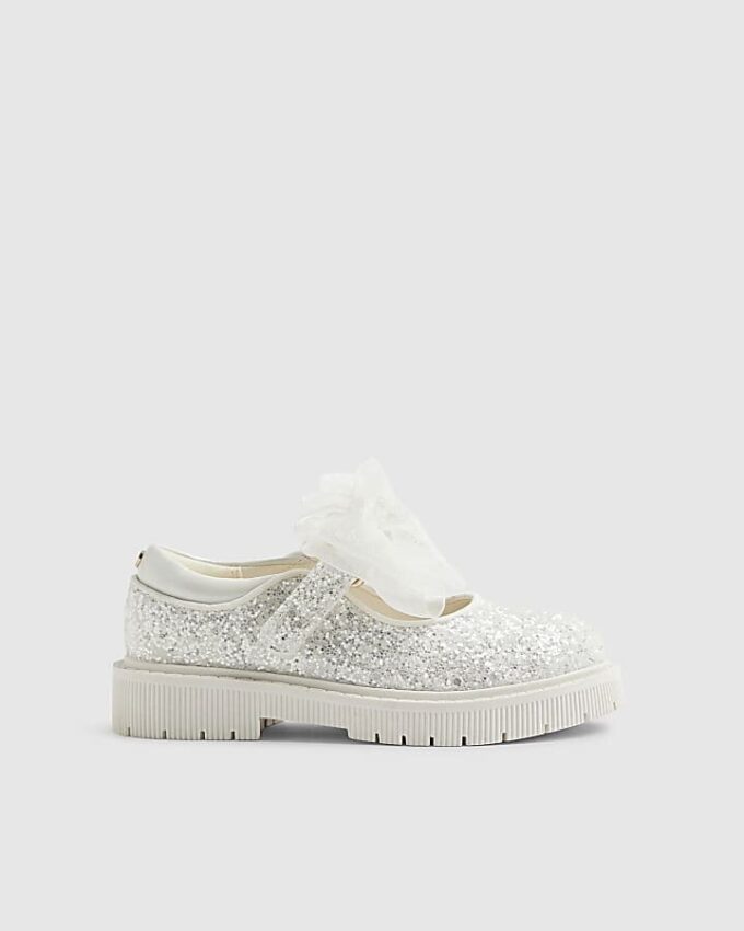 Mini Girls White Glitter Bow Mary Jane Shoes