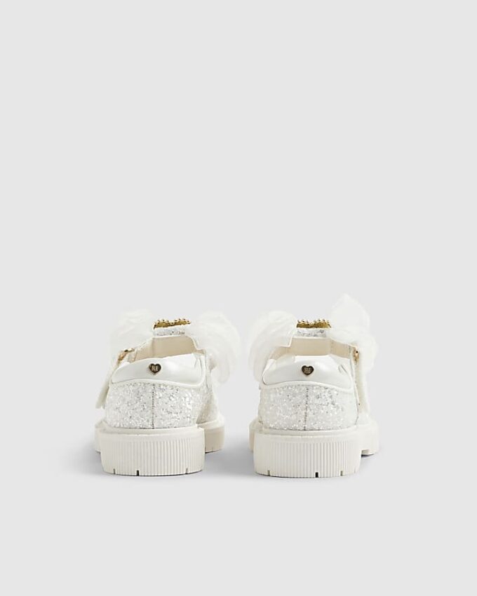Mini Girls White Glitter Bow Mary Jane Shoes