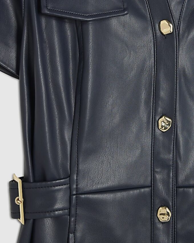 Navy Faux Leather Midi Shirt Dress