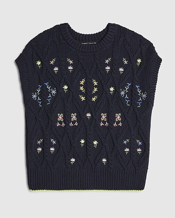 Navy Floral Embroidered Knit Tank Top