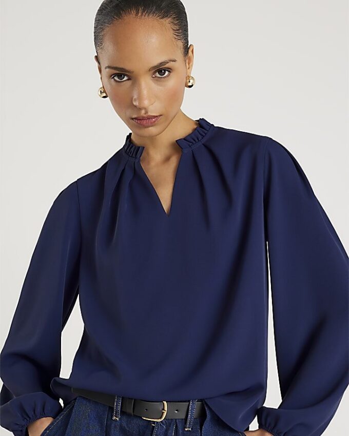 Navy Frill Trim Long Sleeve Top