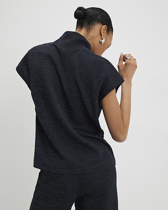 Navy High Neck Glitter Top