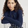 Navy Long Sleeve High Neck Twist Top