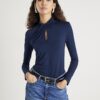 Navy Long Sleeve High Neck Twist Top