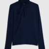 Navy Long Sleeve High Neck Twist Top