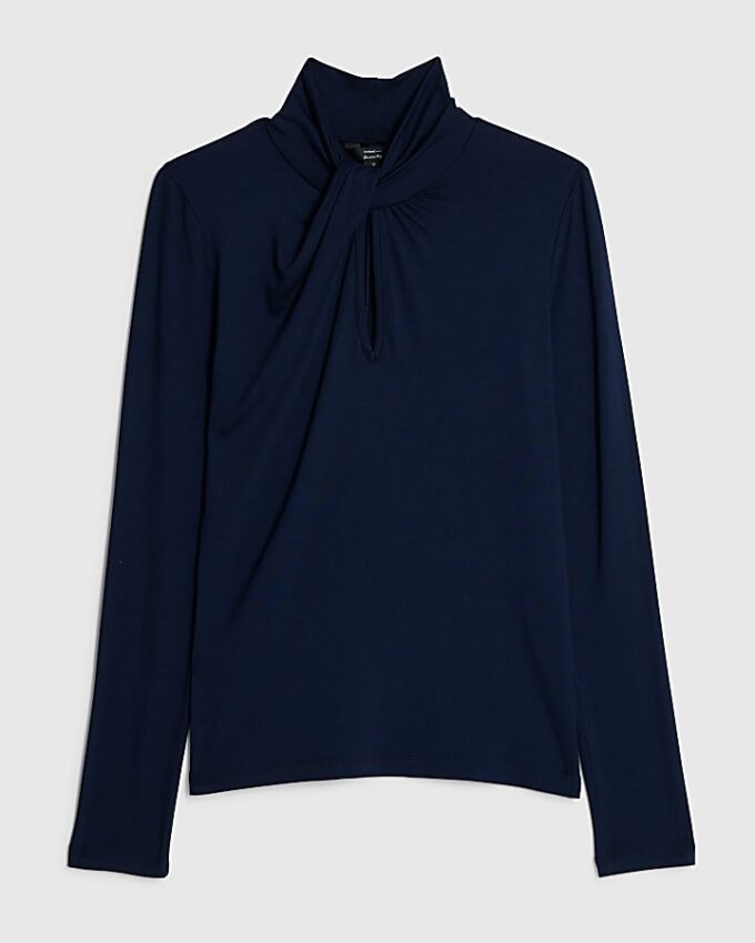 Navy Long Sleeve High Neck Twist Top
