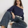 Navy Long Sleeve Off Shoulder Sweatshirt