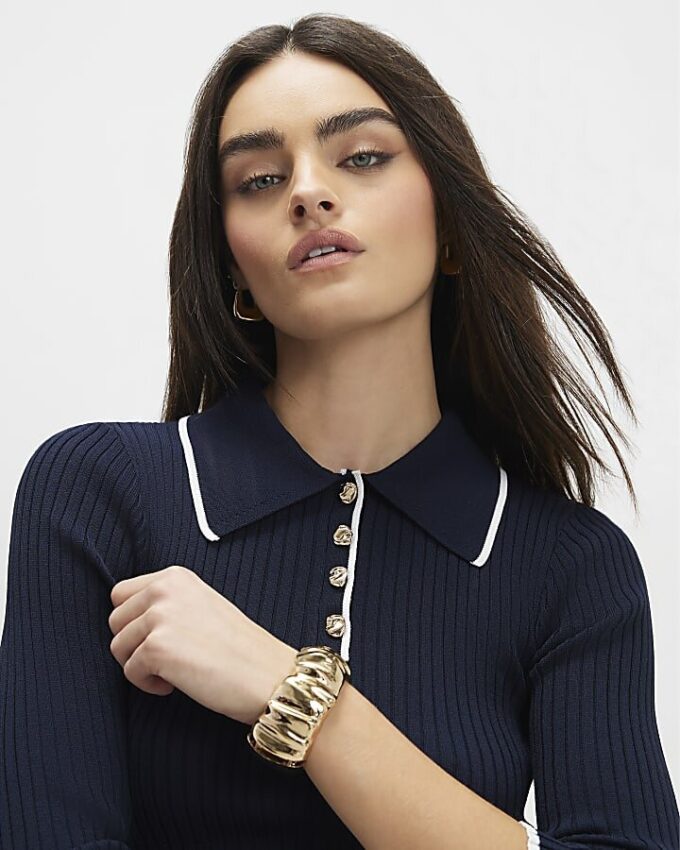 Navy Long Sleeve Polo Top