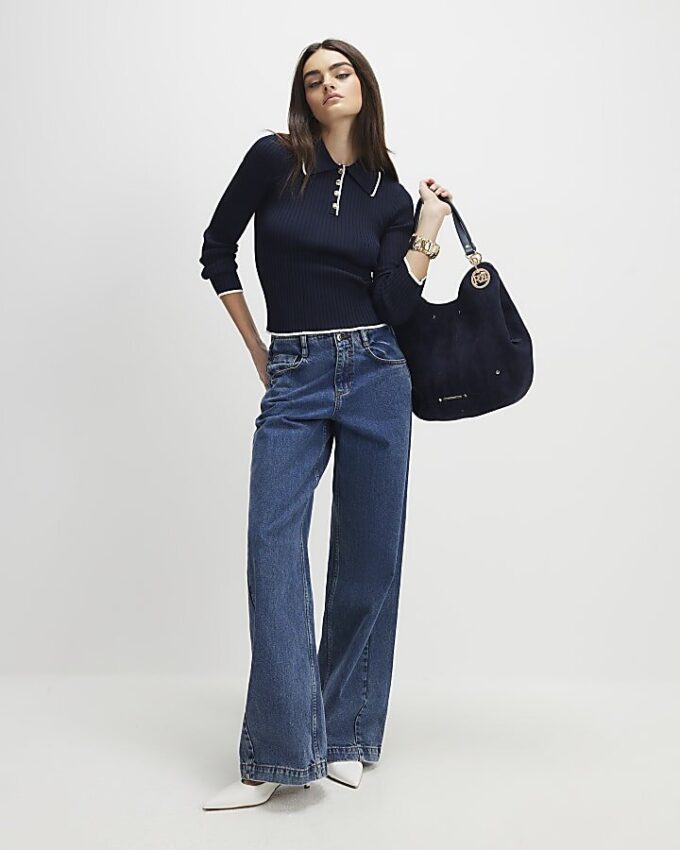 Navy Long Sleeve Polo Top