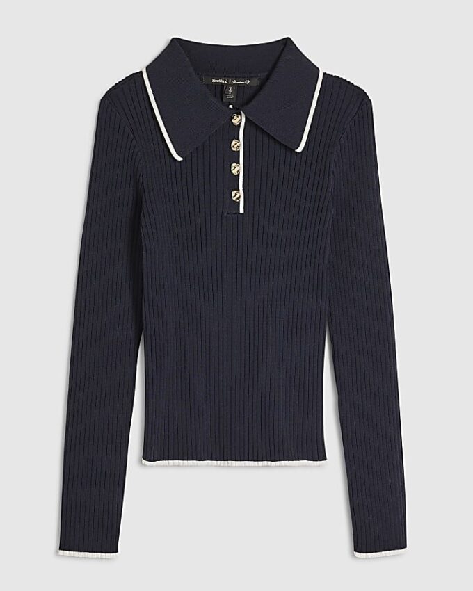Navy Long Sleeve Polo Top