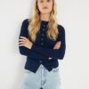 Navy Long Sleeve Popper Through Ribbed Top