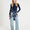 Navy Long Sleeve Popper Through Ribbed Top