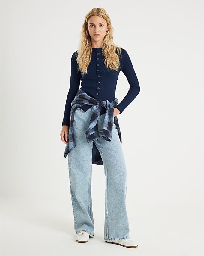 Navy Long Sleeve Popper Through Ribbed Top
