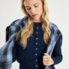Navy Long Sleeve Popper Through Ribbed Top