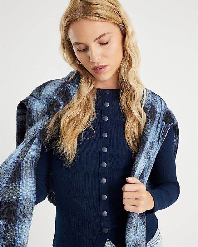 Navy Long Sleeve Popper Through Ribbed Top