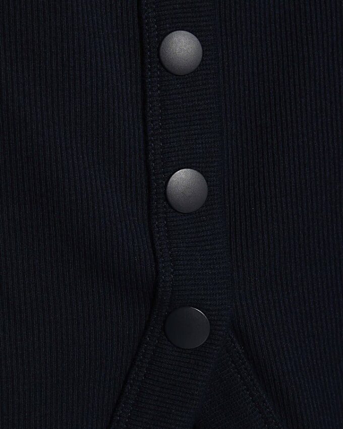 Navy Long Sleeve Popper Through Ribbed Top