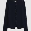 Navy Long Sleeve Popper Through Ribbed Top