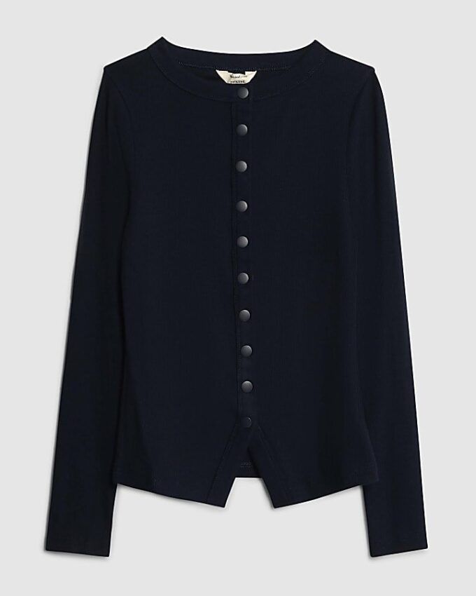 Navy Long Sleeve Popper Through Ribbed Top