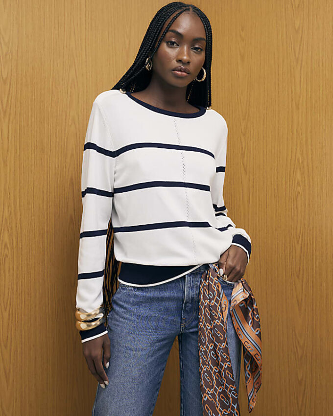 Navy Long Sleeve Striped Knitted Top