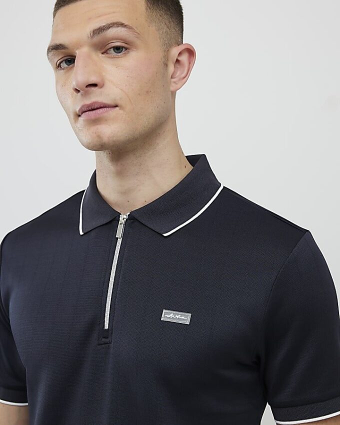 Navy Muscle Fit Les Amis Stripe Polo Shirt