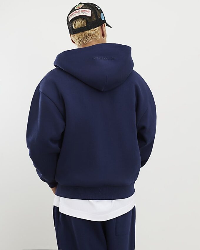 Navy Oversized Fit Zip Through Hoodie
