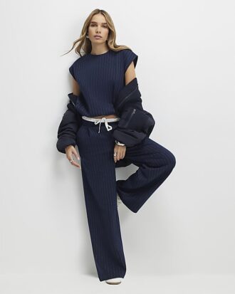 Navy Pinstripe Tie Side Bubble Hem Top