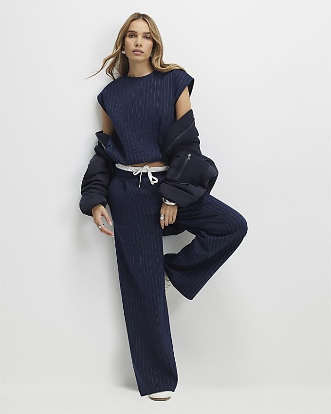 Navy Pinstripe Tie Side Bubble Hem Top