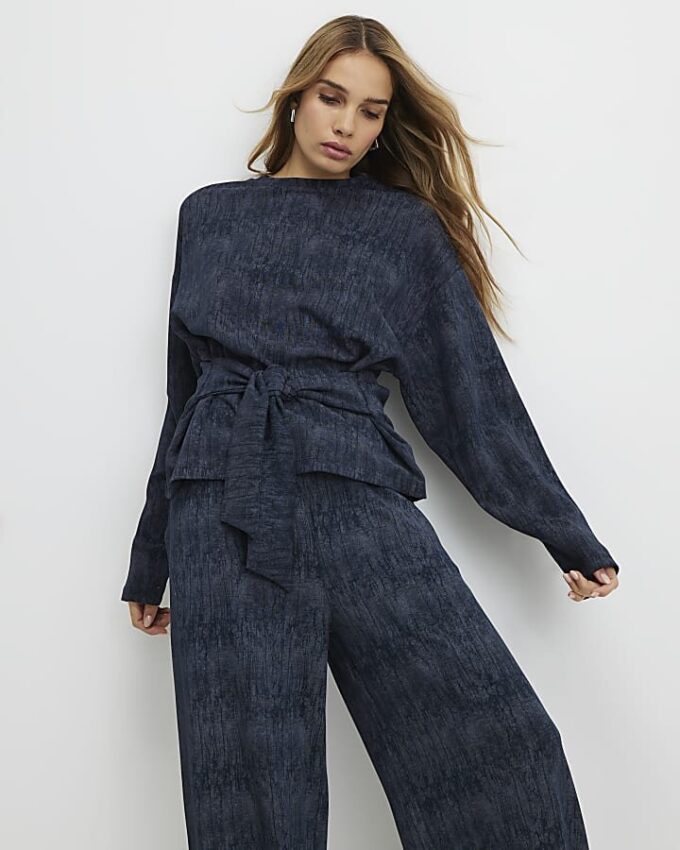 Navy Premium Crinkle Effect Tie Front Top