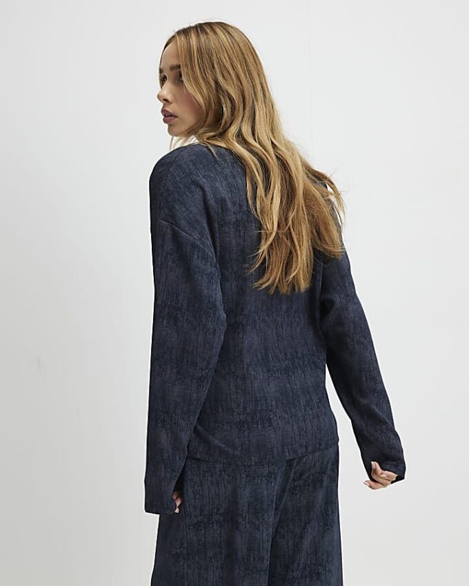 Navy Premium Crinkle Effect Tie Front Top