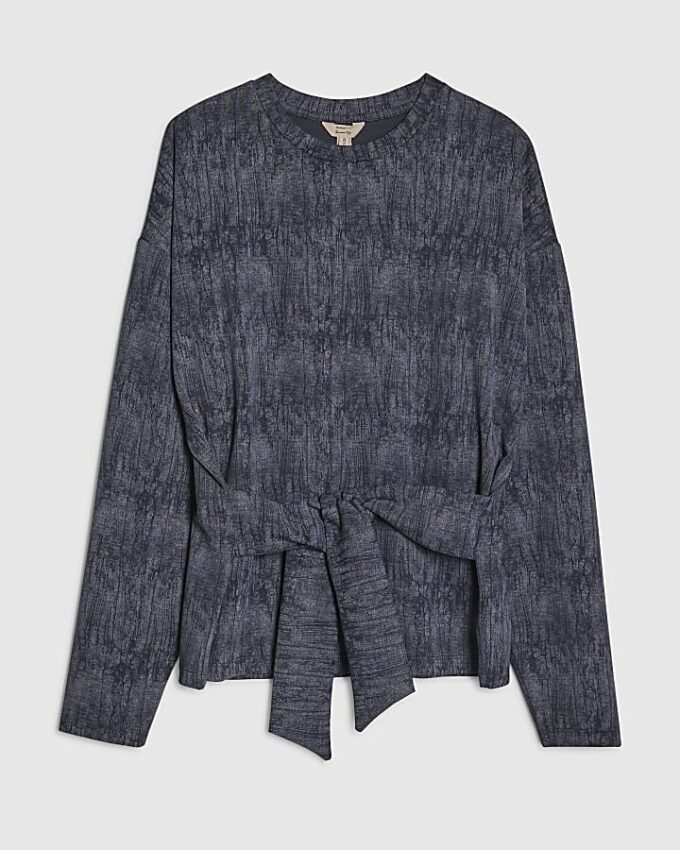 Navy Premium Crinkle Effect Tie Front Top