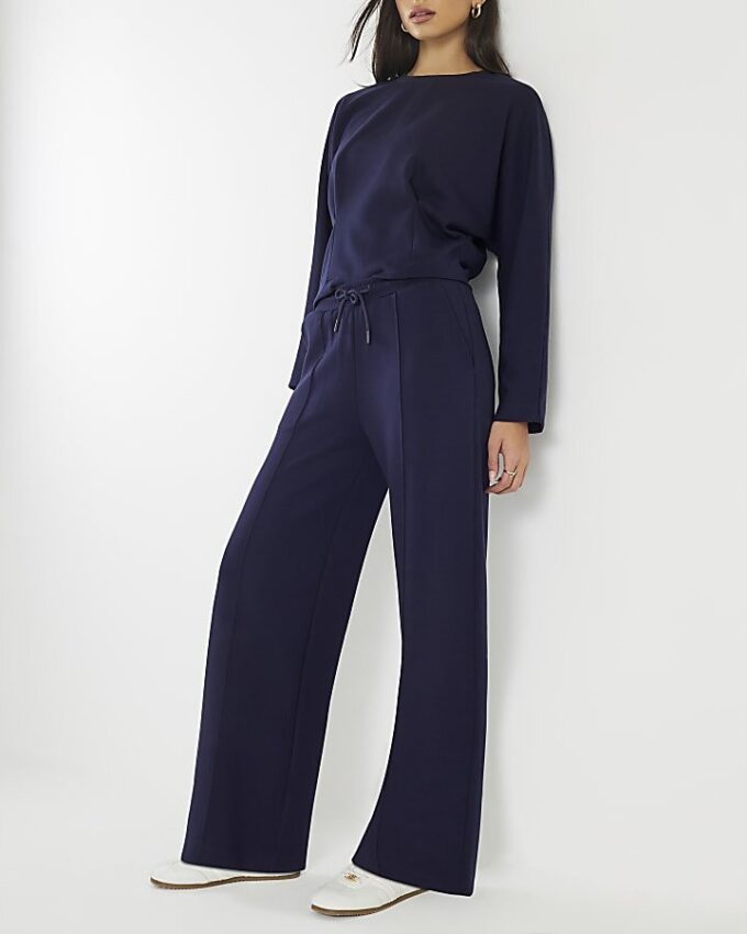 Navy Premium Wide Leg Pintuck Joggers