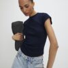 Navy Short Sleeve Fitted Ribbed Top