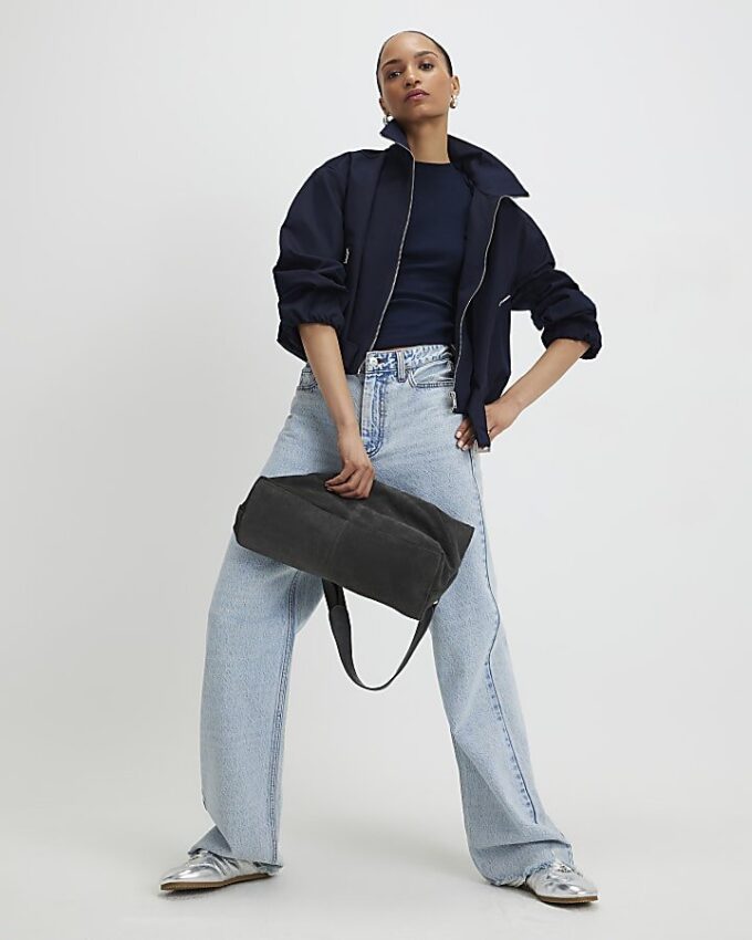 Navy Short Sleeve Fitted Ribbed Top
