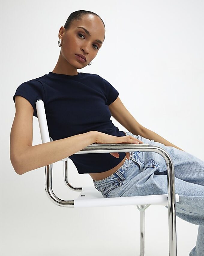 Navy Short Sleeve Fitted Ribbed Top