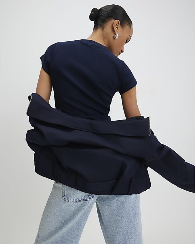 Navy Short Sleeve Fitted Ribbed Top