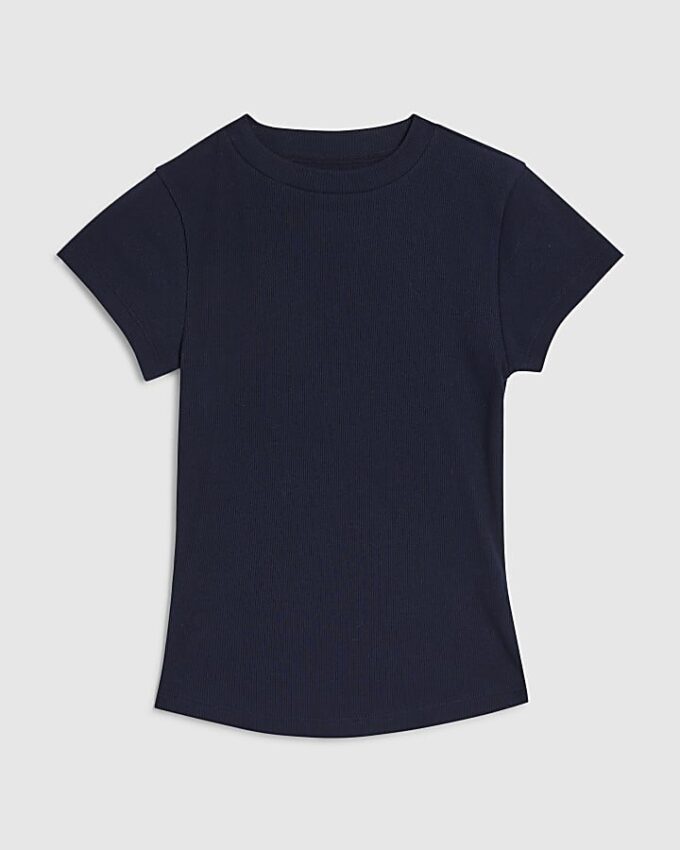Navy Short Sleeve Fitted Ribbed Top