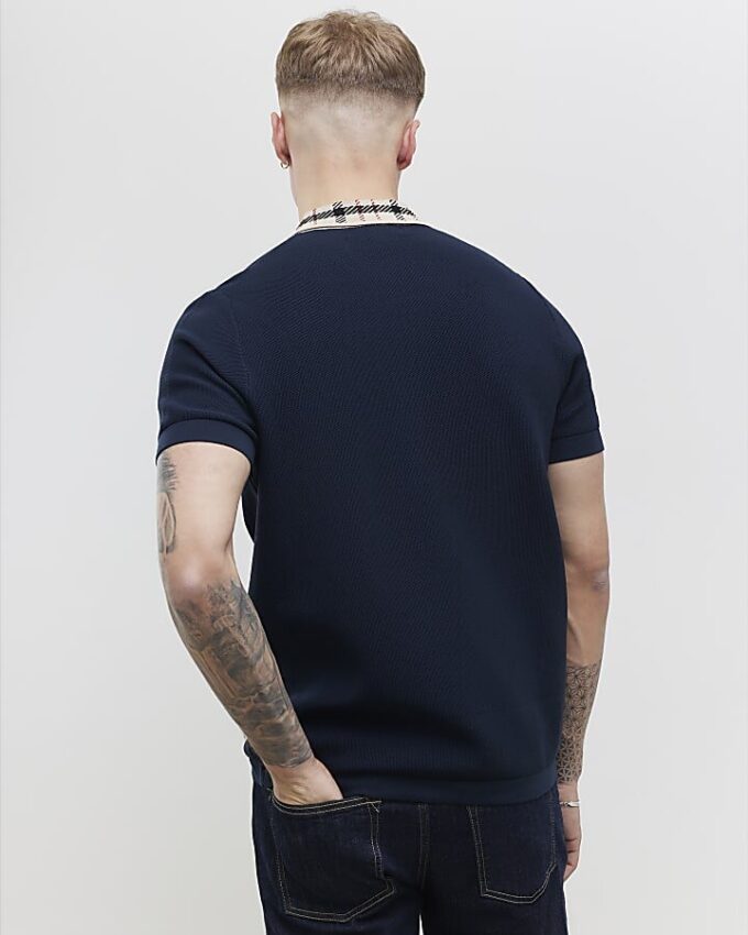 Navy Slim Fit Check Collar Polo Shirt