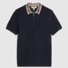 Navy Slim Fit Check Collar Polo Shirt