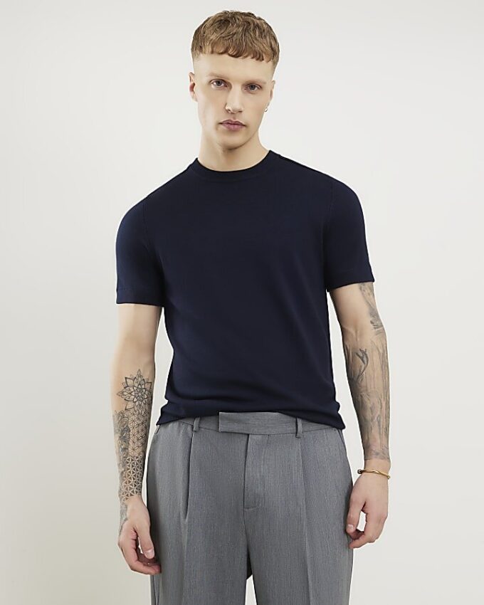 Navy Slim Fit Knitted T-Shirt
