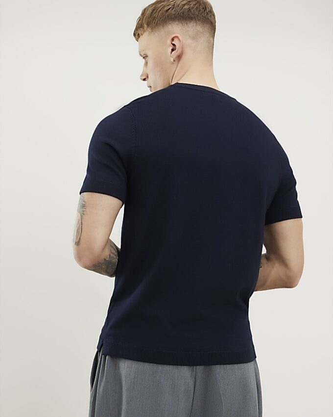 Navy Slim Fit Knitted T-Shirt