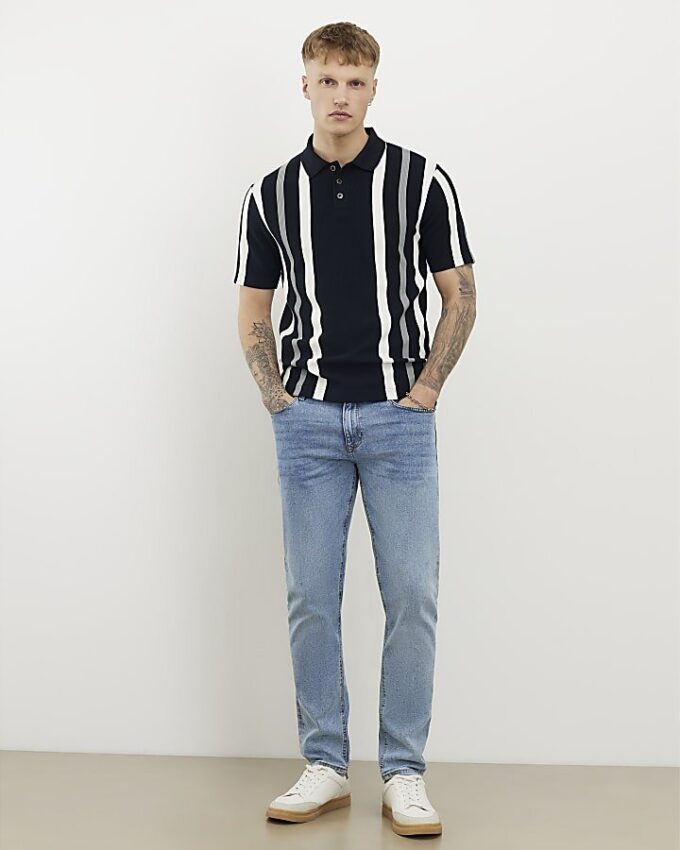 Navy Slim Fit Stripe Polo Shirt