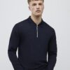 Navy Slim Fit Textured Zip Neck Polo Shirt