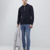 Navy Slim Fit Textured Zip Neck Polo Shirt